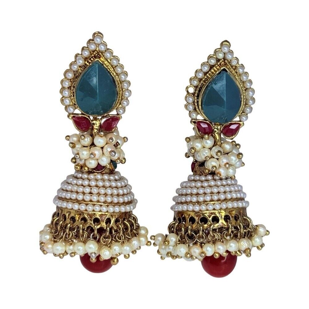 Kundan Polki Jhumka White Pearl Earrings Chandelier Glass Red Green Gold Wedding